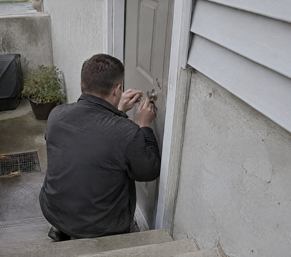 A technician kneeling at a side door lock
