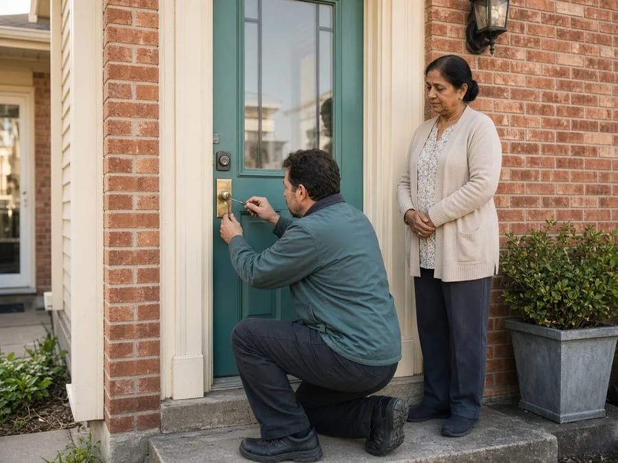 A technician kneeling at a front door lock as the homeowner waits