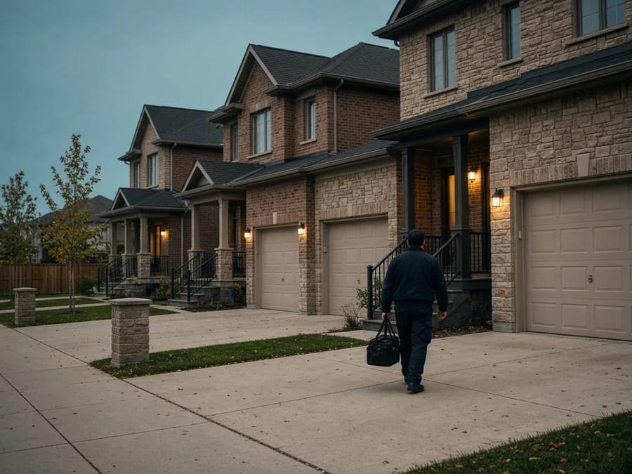 A technician walking up a townhouse driveway in Brampton at dusk