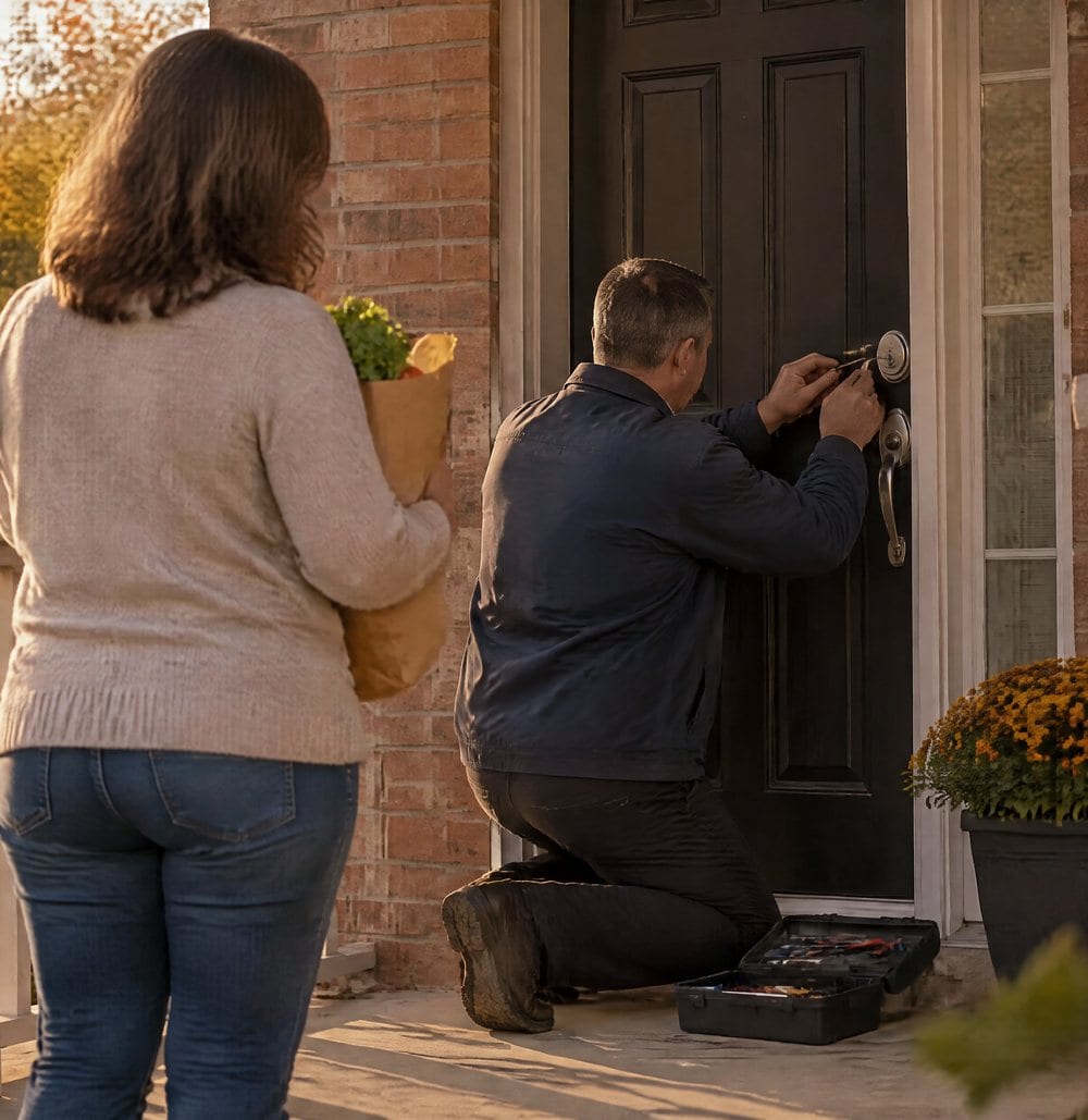 A technician picking the front door lock while the homeowner waits on the porch