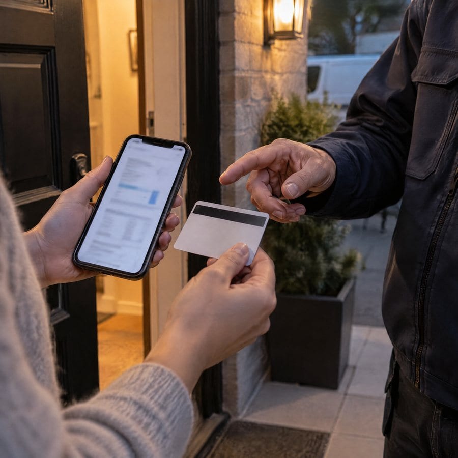 A homeowner showing a document on her phone to the technician at the open front door