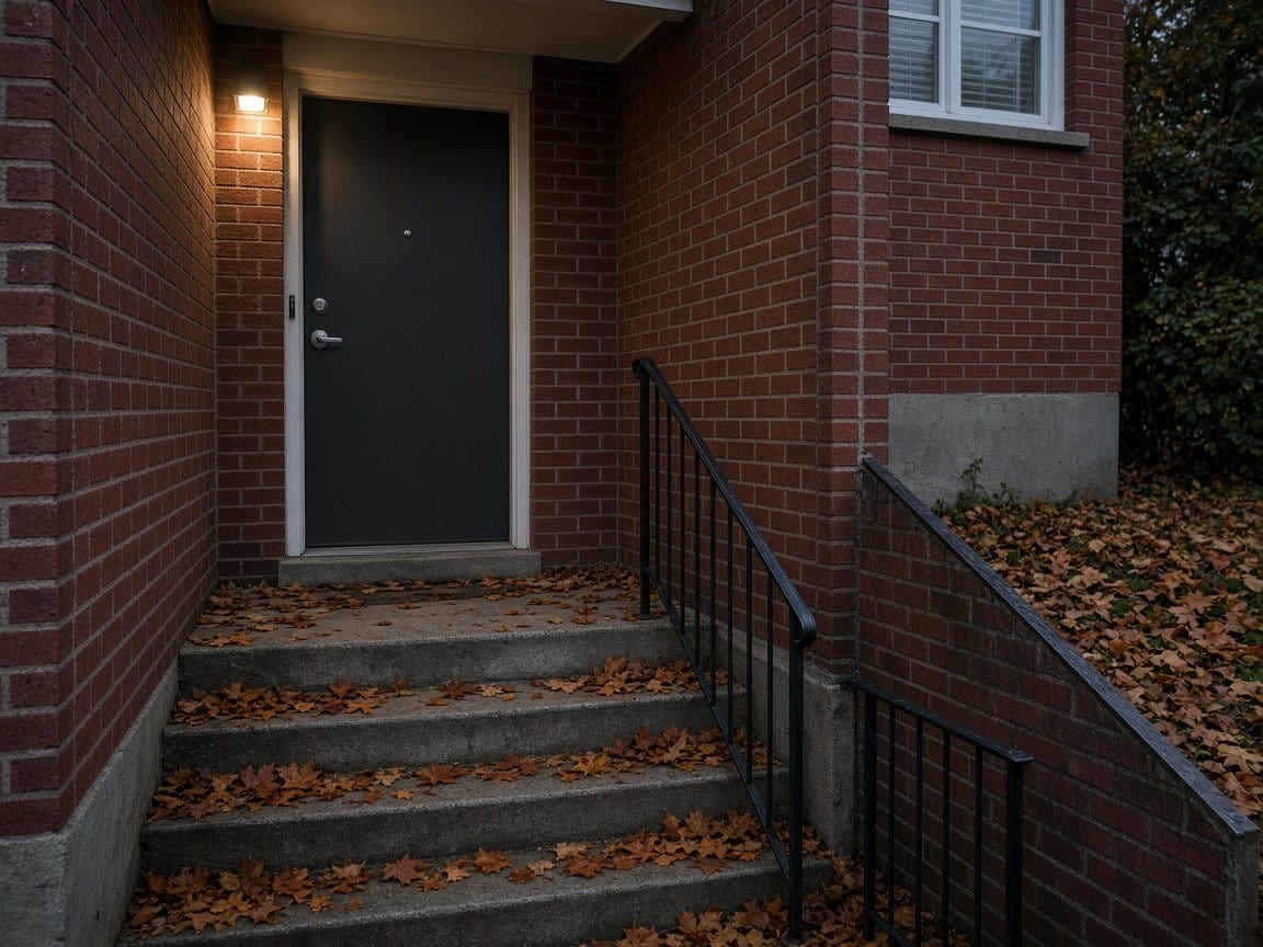 Brick steps down to a basement door