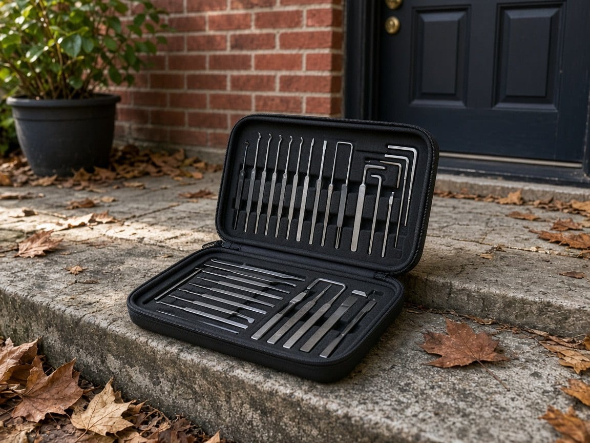 An open lock-pick case on a front step