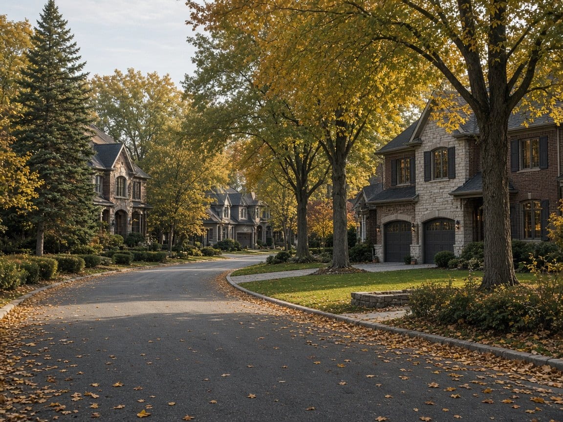Large stone houses on a curving street in autumn