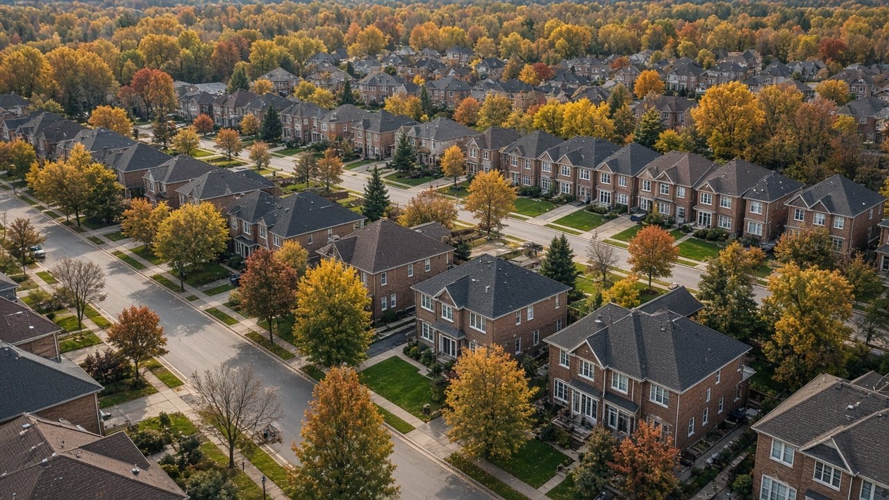 Rows of houses and autumn trees from above