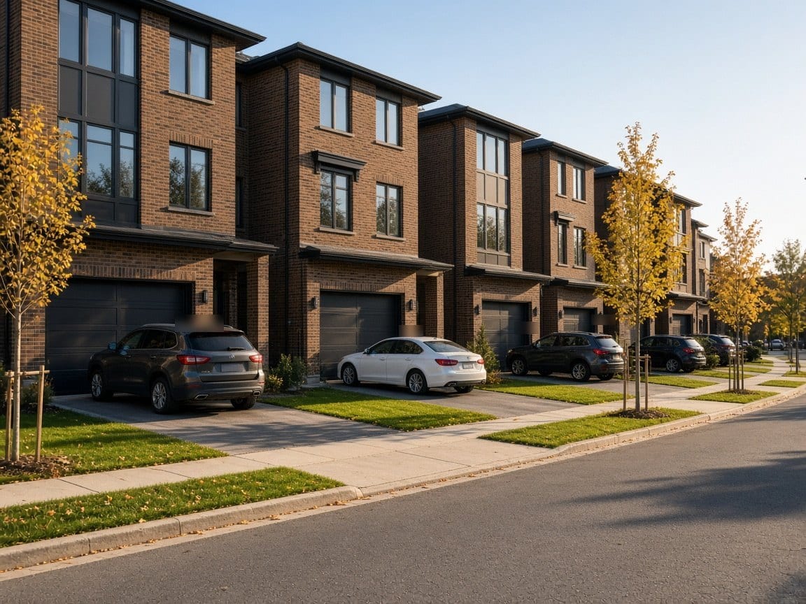 Modern brick townhouses with cars in the driveways