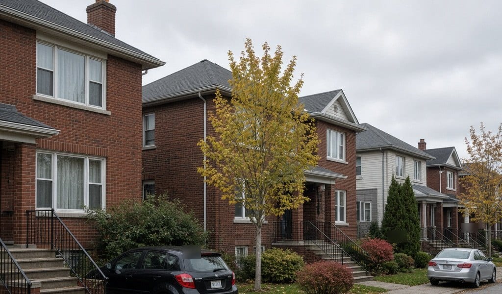 Brick houses with cars parked out front